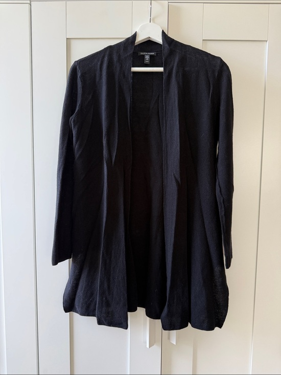Eileen Fisher Sweaters - Eileen Fisher Long Open-Front Linen Cotton Black Knit Cardigan - XS